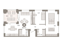 Продается 2-комнатная квартира ЖК Пшеница, дом 2.2, 83.1  м&sup2;, 11970000 рублей