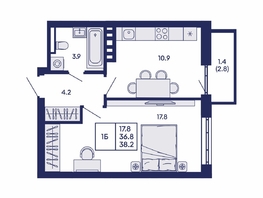 Продается 1-комнатная квартира ЖК Горизонт, дом 2, 38.2  м&sup2;, 6050000 рублей