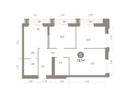 Продается 3-комнатная квартира ЖК Город на озере, 73.72  м&sup2;, 15590000 рублей