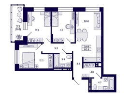 Продается 3-комнатная квартира ЖК Сподвижники, дом 1, 80.8  м&sup2;, 9100000 рублей