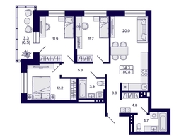 Продается 3-комнатная квартира ЖК Сподвижники, дом 1, 80.8  м&sup2;, 9300000 рублей