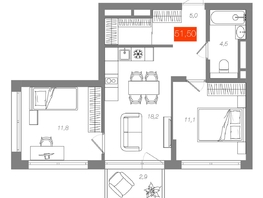 Продается 2-комнатная квартира  Квартал ЩА, сек 2.1, 51.5  м&sup2;, 10990000 рублей