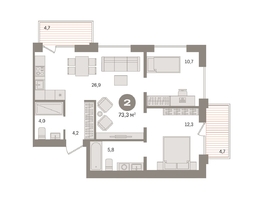 Продается 2-комнатная квартира ЖК Пшеница, дом 2.2, 73.29  м&sup2;, 10270000 рублей