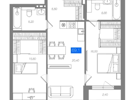 Продается 2-комнатная квартира ЖК 1956 на улице Станиславского, 69.1  м&sup2;, 10690000 рублей