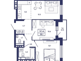 Продается 3-комнатная квартира ЖК Сподвижники, дом 3, 55.1  м&sup2;, 6950000 рублей