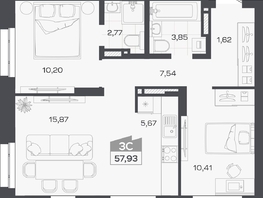 Продается 3-комнатная квартира ЖК Квартал 54, дом 1, 57.93  м&sup2;, 10195000 рублей