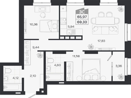 Продается 3-комнатная квартира ЖК Квартал 54, дом 1, 65.97  м&sup2;, 11314000 рублей