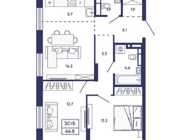 Продается 3-комнатная квартира ЖК Сподвижники, дом 2, 64.8  м&sup2;, 7200000 рублей