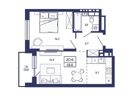 Продается 2-комнатная квартира ЖК Сподвижники, дом 3, 45  м&sup2;, 5900000 рублей
