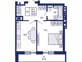 Продается 1-комнатная квартира ЖК Горизонт, дом 2, 40  м&sup2;, 6900000 рублей