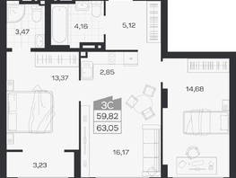 Продается 3-комнатная квартира ЖК Ясный берег, дом 19, бс 2-5, 63.05  м&sup2;, 11094000 рублей