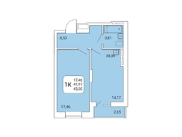 1-комнатная квартира, 43.3 м², 16/25 этаж