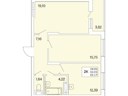 2-комнатная квартира, 62.17 м², 18/25 этаж