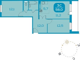 3-комнатная квартира, 58.5 м², 1/20 этаж