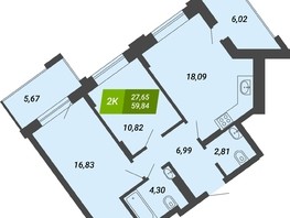 Продается 2-комнатная квартира ЖК Бирюзовая жемчужина-4, 59.84  м², 8856320 рублей