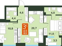 Продается 3-комнатная квартира ЖК Тайгинский парк, дом 4, 55.5  м², 7410000 рублей