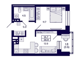 Продается 1-комнатная квартира ЖК Сподвижники, 36.9  м², 4500000 рублей