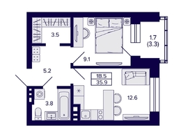 Продается 1-комнатная квартира ЖК Сподвижники, 35.9  м², 4450000 рублей