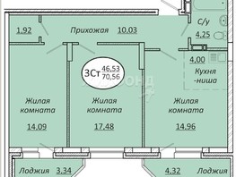 Продается 3-комнатная квартира ЖК Пролетарский, 70.56  м², 8467200 рублей