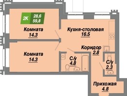 Продается 2-комнатная квартира ЖК Калининский квартал, дом 3, 59.8  м², 9747400 рублей