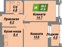 Продается 2-комнатная квартира ЖК Калининский квартал, дом 3, 47.6  м², 7806400 рублей