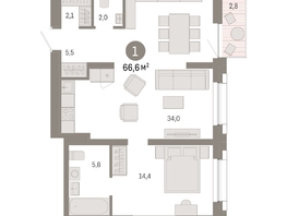 Продается 1-комнатная квартира ЖК Европейский берег, дом 44, 66.6  м², 10490000 рублей