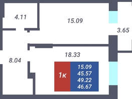 Продается 1-комнатная квартира ЖК Чкалов, дом 3, 46.1  м², 6678738 рублей