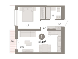 Продается 1-комнатная квартира ЖК Авиатор, дом 3, 43.08  м², 6890000 рублей