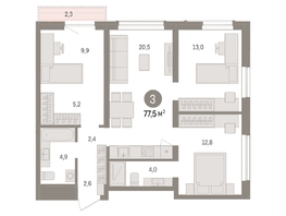 Продается 3-комнатная квартира ЖК Авиатор, дом 3, 77.51  м², 12010000 рублей