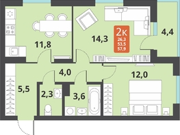 Продается 2-комнатная квартира ЖК Тайгинский парк, дом 3, 57.9  м², 8090000 рублей