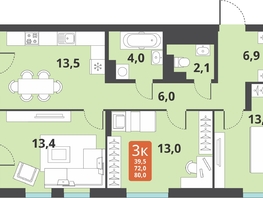 Продается 3-комнатная квартира ЖК Тайгинский парк, дом 3, 80  м², 10070000 рублей