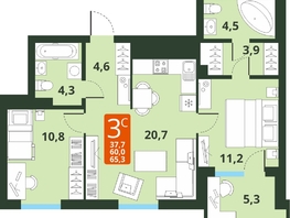 Продается 3-комнатная квартира ЖК Тайгинский парк, дом 4, 65.3  м², 8730000 рублей