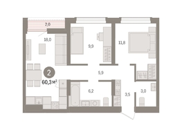 Продается 2-комнатная квартира ЖК Авиатор, дом 3, 60.3  м², 9410000 рублей