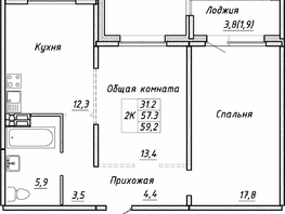 Продается 2-комнатная квартира ЖК Квартет, дом Дуэт, 59.2  м², 6660000 рублей