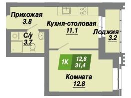 Продается 1-комнатная квартира ЖК Калининский квартал, дом 2, 31.4  м², 5306600 рублей