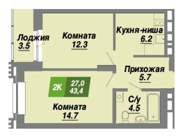 Продается 2-комнатная квартира ЖК Калининский квартал, дом 4, 43.4  м², 7074200 рублей