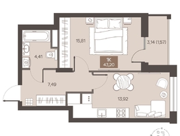 Продается 1-комнатная квартира ЖК Заря, дом 2.1, 43.2  м&sup2;, 7080000 рублей