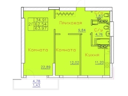 Продается 2-комнатная квартира ЖК Ленина, дом 116, блок-секция 1, 62.54  м², 6941940 рублей