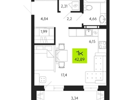 Продается 1-комнатная квартира ЖК Поэзия, 42.89  м², 6550000 рублей