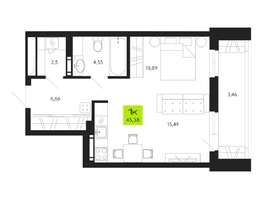 Продается 1-комнатная квартира ЖК Поэзия, 45.38  м², 6988520 рублей