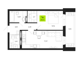 Продается 1-комнатная квартира ЖК Поэзия, 49.21  м², 7676760 рублей